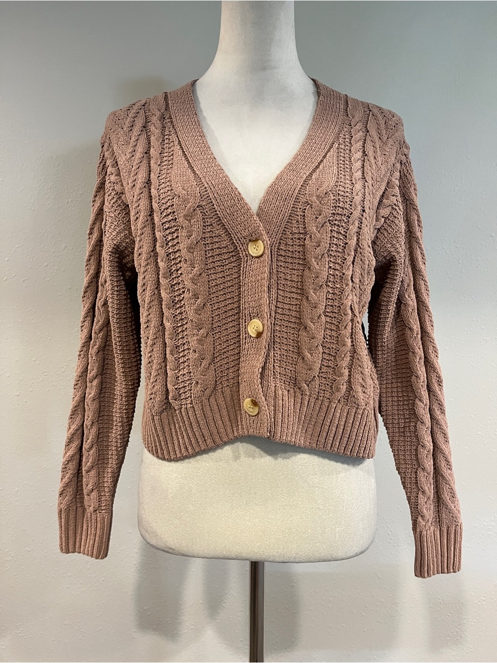 Pink Rose Cable Knit Button-Front cropped Cardigan Sweater - Dusty Rose color